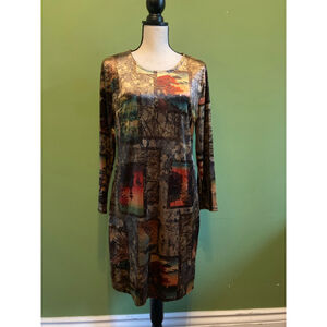 Women's Velvet Long Sleeve Dress L Brown Orange Abstract Print
